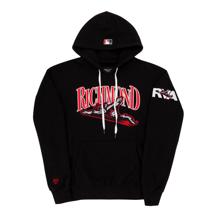 The Ebbets Field Richmond Flying Squirrels MiLB Cotton Hooded Sweatshirt is a black hoodie with bold red and white 