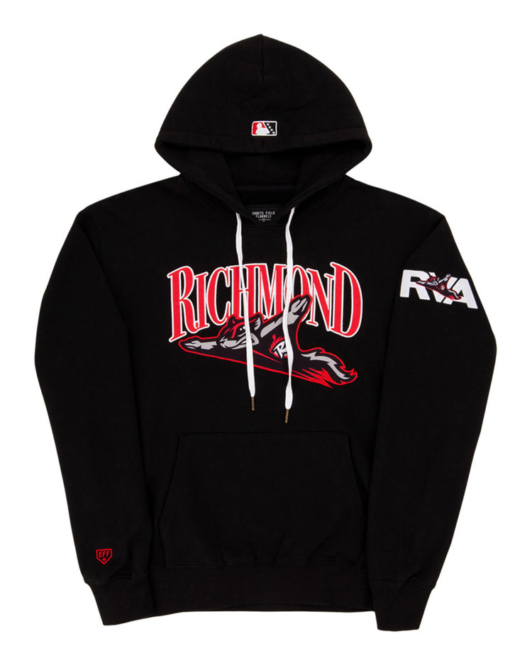 The Ebbets Field Richmond Flying Squirrels MiLB Cotton Hooded Sweatshirt is a black hoodie with bold red and white 