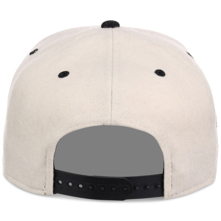 The Ebbets Field New York Black Yankees NLB Ballpark A-Frame Ballcap is beige, seen from the back with a black adjustable strap and black ventilation eyelets on the crown.