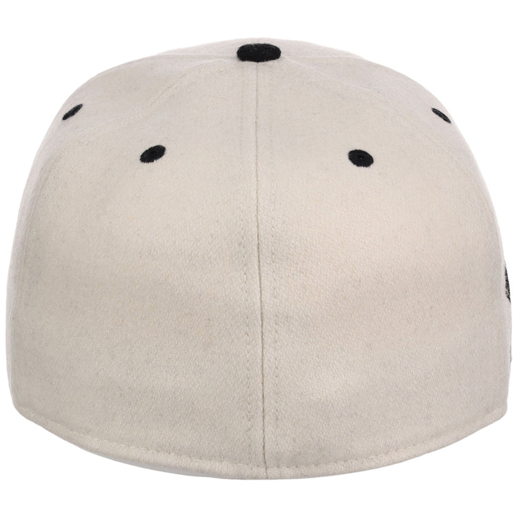 The Ebbets Field Birmingham Black Barons NLB Ballpark Fitted Ballcap is beige, seen from the back, with six black ventilation eyelets and a small black button on top.