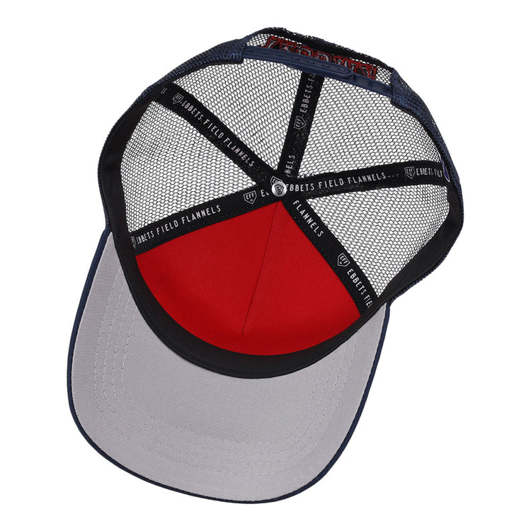 Inside view of the Seattle Rainers MiLB Trucker Ballcap by Ebbets Field, featuring black mesh panels, black fabric strips with white EBBETS FIELD FLANNELS text, and a gray underside of the brim.