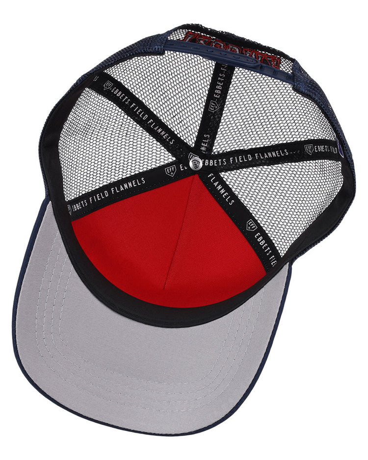 Inside view of the Seattle Rainers MiLB Trucker Ballcap by Ebbets Field, featuring black mesh panels, black fabric strips with white EBBETS FIELD FLANNELS text, and a gray underside of the brim.