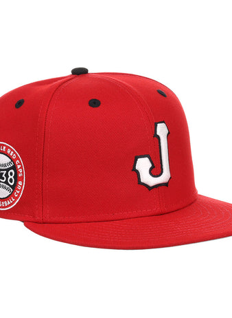 The Ebbets Field Jacksonville Red Caps NLB Varsity Fitted Ballcap features a red design, a white and black 