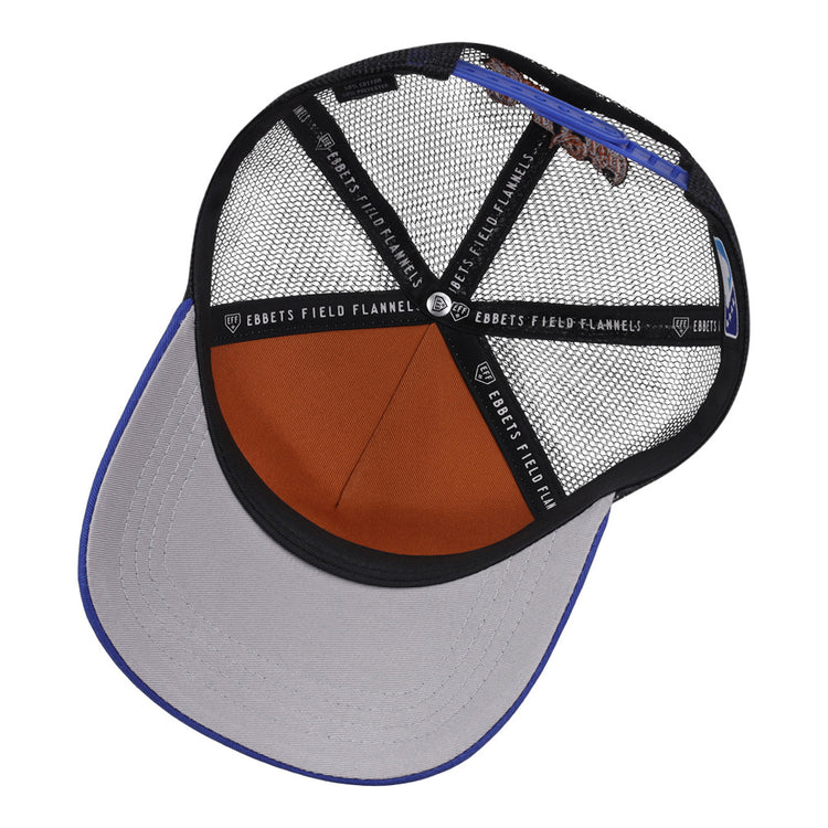 The Ebbets Field Durham Bulls MiLB Trucker Ballcap features a grey brim, brown front interior panel, and black mesh back, with 