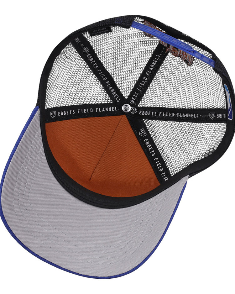 The Ebbets Field Durham Bulls MiLB Trucker Ballcap features a grey brim, brown front interior panel, and black mesh back, with 