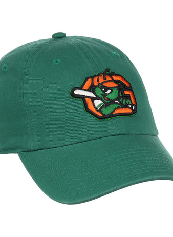 The Ebbets Field Greensboro Grasshoppers MiLB Dad Ballcap is a green baseball cap with an embroidered orange mascot holding a baseball bat.