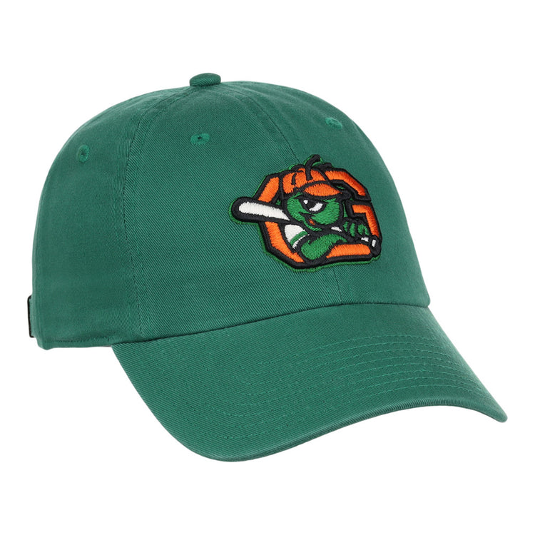 The Ebbets Field Greensboro Grasshoppers MiLB Dad Ballcap is a green baseball cap with an embroidered orange mascot holding a baseball bat.