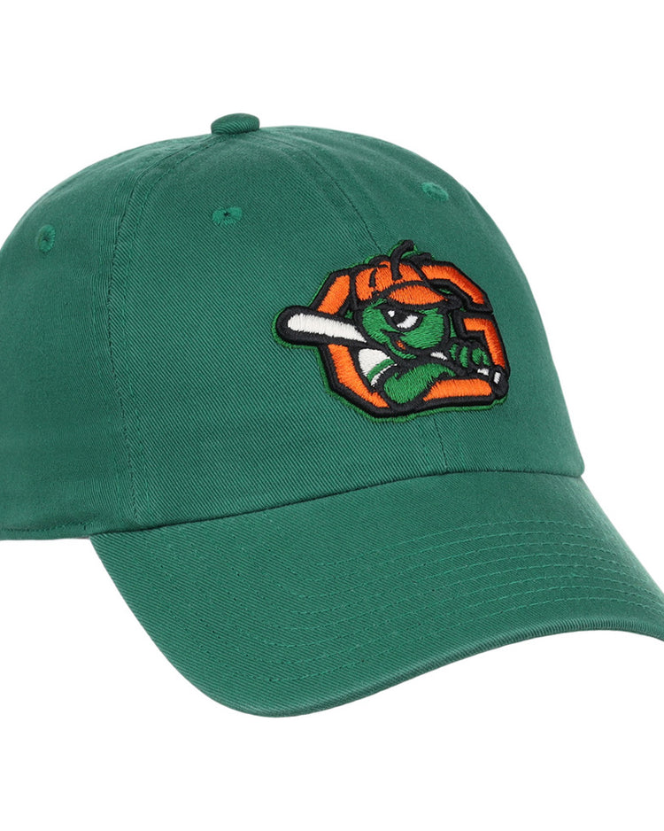 The Ebbets Field Greensboro Grasshoppers MiLB Dad Ballcap is a green baseball cap with an embroidered orange mascot holding a baseball bat.