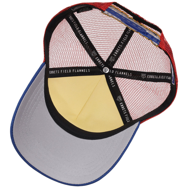 Inside view of the Northwest Arkansas Naturals MiLB Trucker Ballcap by Ebbets Field, featuring a red mesh back, blue brim, yellow front panel, and black inner bands labeled 