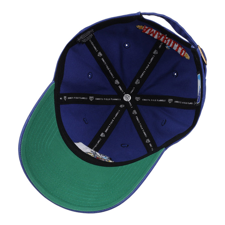 The Amarillo Sod Poodles MiLB Dad Ballcap by Ebbets Field is shown inside-out, featuring a green brim, black lining with white text, visible stitching, and a partially visible red and yellow embroidered detail near the adjustable strap.