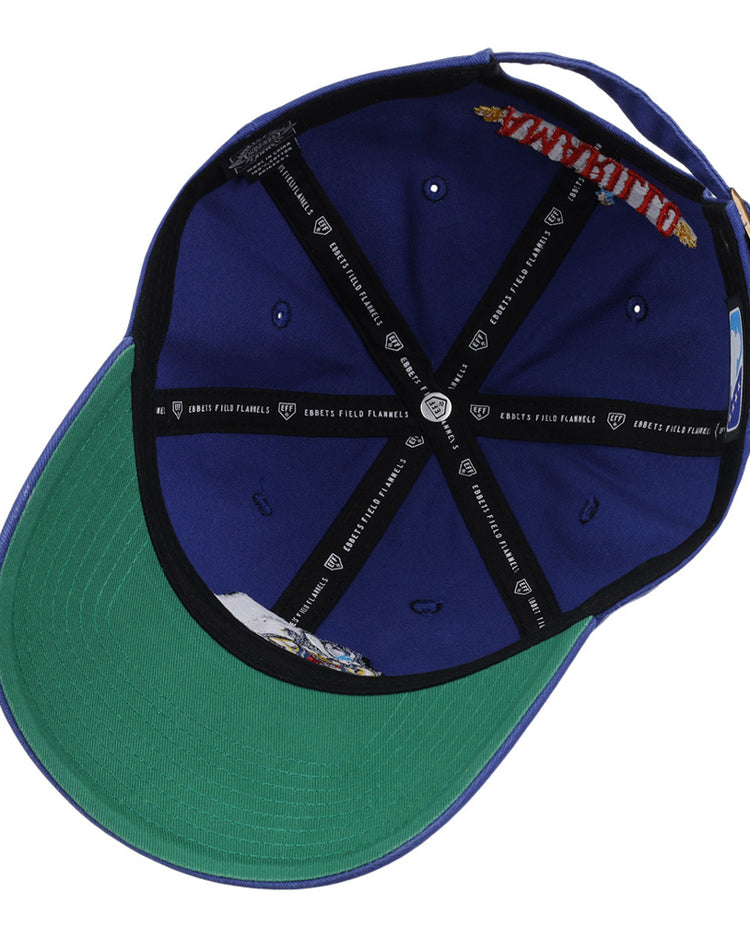 The Amarillo Sod Poodles MiLB Dad Ballcap by Ebbets Field is shown inside-out, featuring a green brim, black lining with white text, visible stitching, and a partially visible red and yellow embroidered detail near the adjustable strap.
