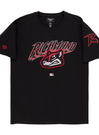 The Ebbets Field Richmond Flying Squirrels MiLB Fashion Cotton Short Sleeve Tee is a black shirt with a stylized “Richmond” text, raccoon mascot graphic, red and gray accents, plus MLB and “R” logos on the front and left sleeve.