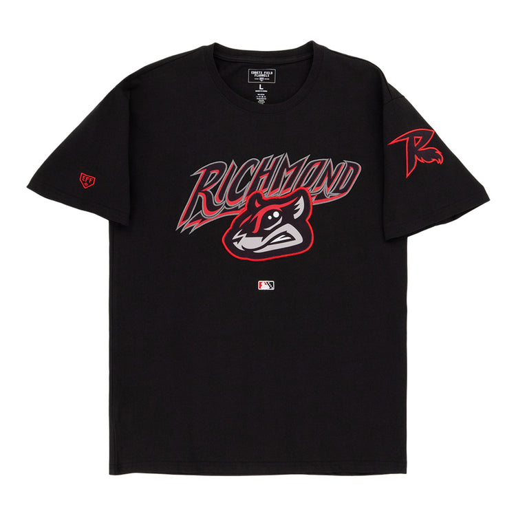 The Ebbets Field Richmond Flying Squirrels MiLB Fashion Cotton Short Sleeve Tee is a black shirt with a stylized “Richmond” text, raccoon mascot graphic, red and gray accents, plus MLB and “R” logos on the front and left sleeve.