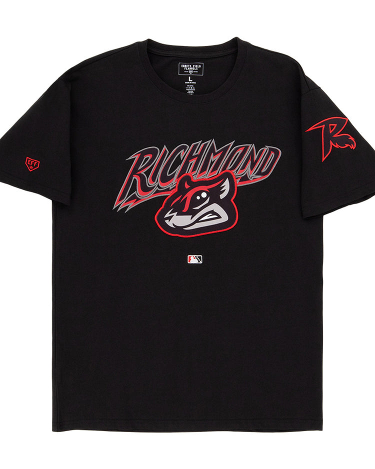 The Ebbets Field Richmond Flying Squirrels MiLB Fashion Cotton Short Sleeve Tee is a black shirt with a stylized “Richmond” text, raccoon mascot graphic, red and gray accents, plus MLB and “R” logos on the front and left sleeve.