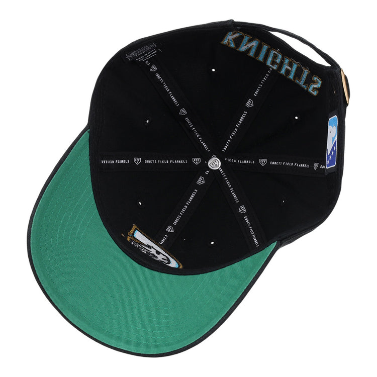 A black Charlotte Knights MiLB Dad Ballcap by Ebbets Field shown from underneath, with a green brim, visible stitching, interior logos, and 