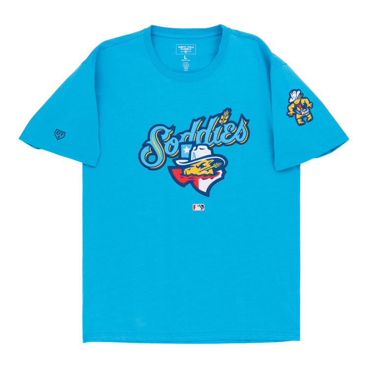 The Ebbets Field Amarillo Sod Poodles MiLB Fashion Cotton Short Sleeve Tee features a bright blue design with a colorful prairie dog “Sod Poodles” logo up front and a smaller graphic on the left sleeve.