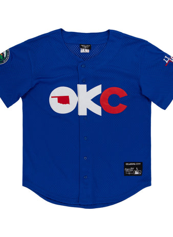 The Ebbets Field Oklahoma City 89Ers MiLB Button Down Jersey is a blue short-sleeve baseball jersey with 