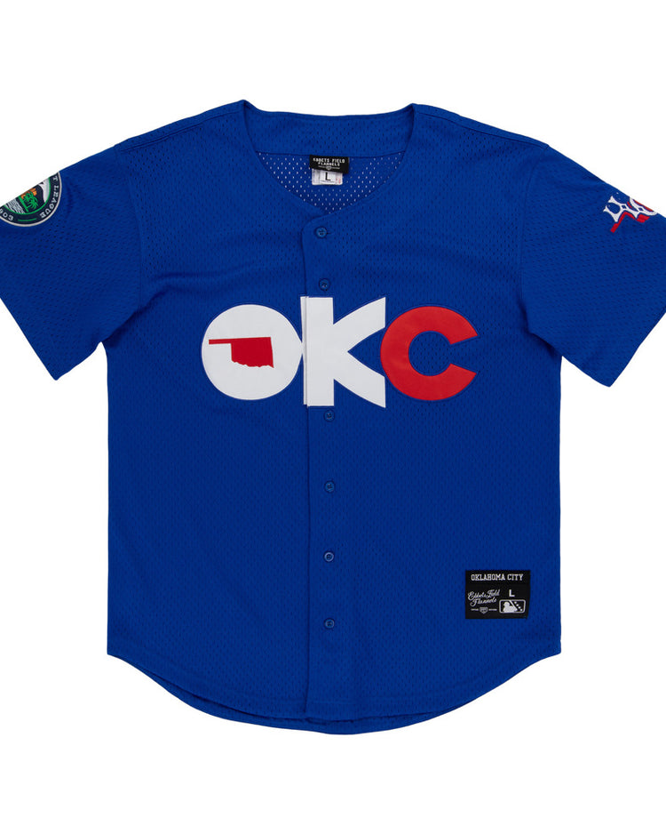 The Ebbets Field Oklahoma City 89Ers MiLB Button Down Jersey is a blue short-sleeve baseball jersey with 