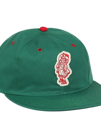 The Ebbets Field Hot Spring Bathers MiLB Cotton Ballcap is green with red eyelets, a red top button, and a white patch featuring a red outlined figure on the front left side.