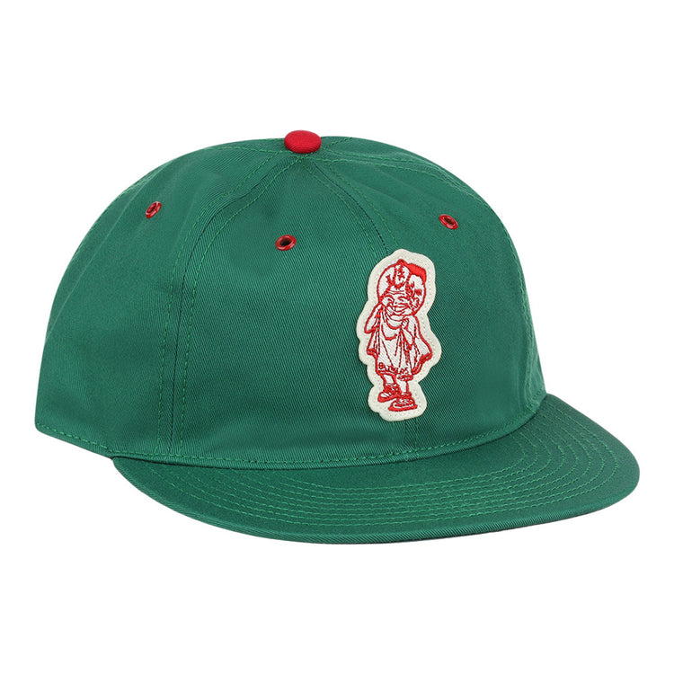 The Ebbets Field Hot Spring Bathers MiLB Cotton Ballcap is green with red eyelets, a red top button, and a white patch featuring a red outlined figure on the front left side.