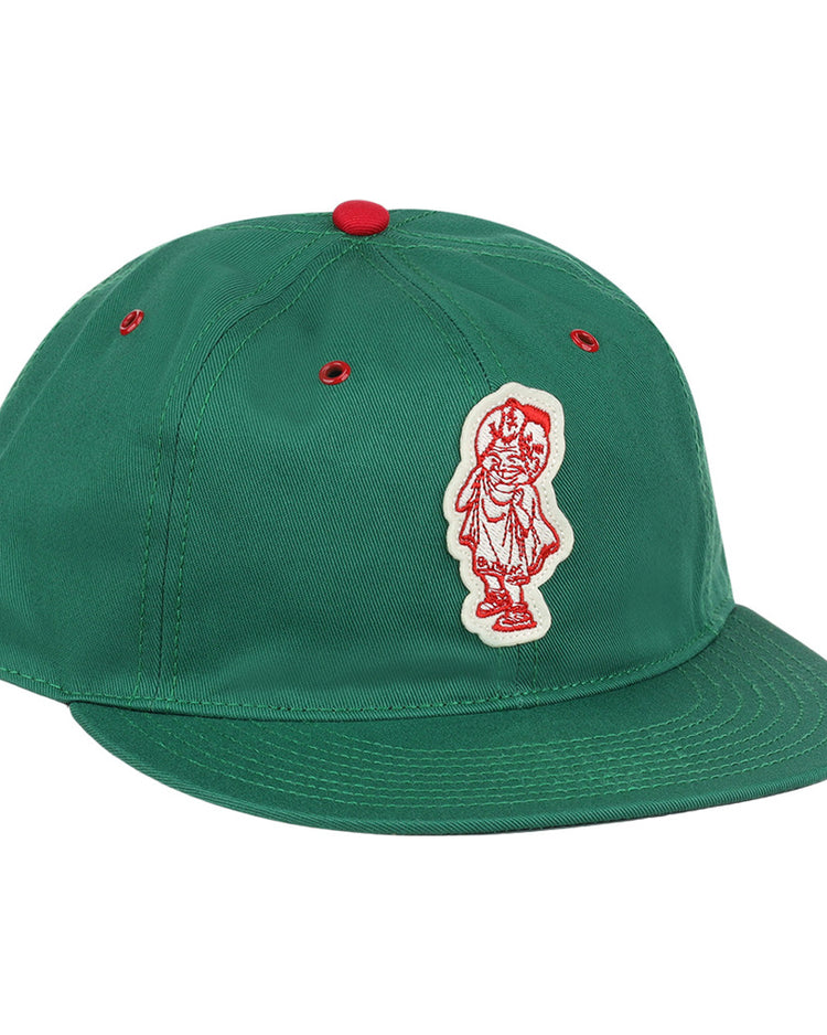 The Ebbets Field Hot Spring Bathers MiLB Cotton Ballcap is green with red eyelets, a red top button, and a white patch featuring a red outlined figure on the front left side.