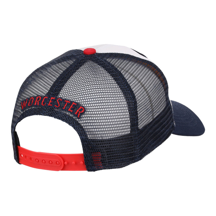 The Ebbets Field Worcester Red Sox MiLB Trucker Ballcap features a navy mesh back with red 