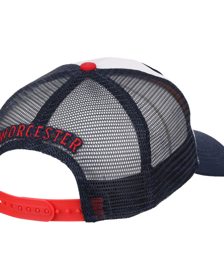 The Ebbets Field Worcester Red Sox MiLB Trucker Ballcap features a navy mesh back with red 