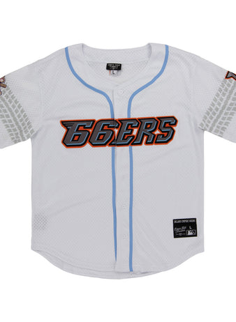 The Inland Empire 66Ers MiLB Button Down Jersey by Ebbets Field is a white jersey with light blue trim, bold orange and black 