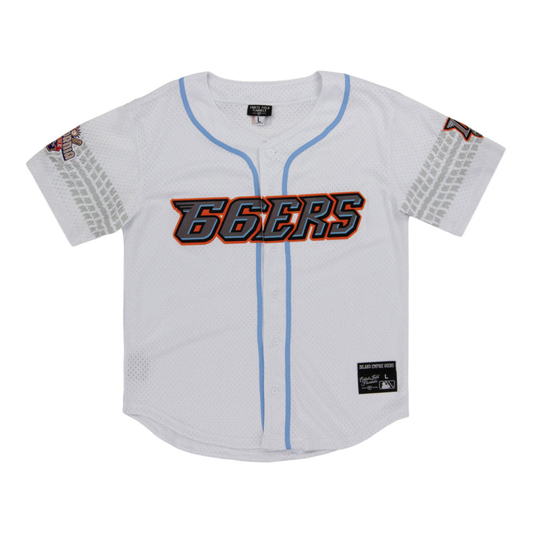 The Inland Empire 66Ers MiLB Button Down Jersey by Ebbets Field is a white jersey with light blue trim, bold orange and black 