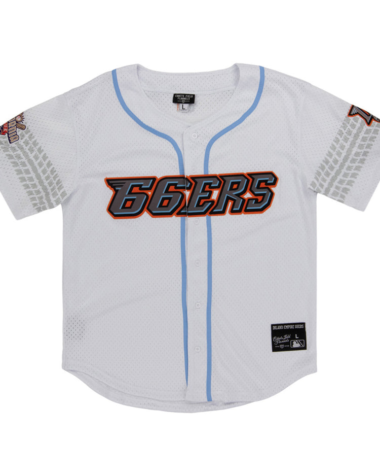 The Inland Empire 66Ers MiLB Button Down Jersey by Ebbets Field is a white jersey with light blue trim, bold orange and black 