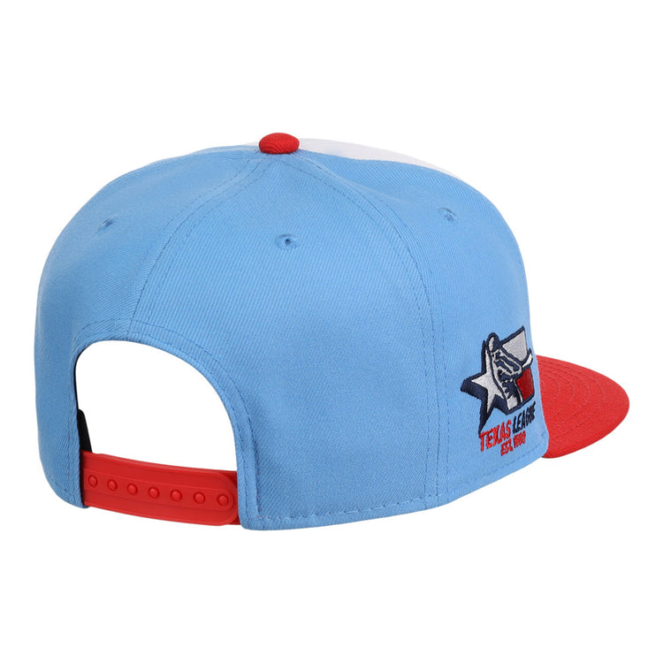 The Ebbets Field Corpus Christi Hooks MiLB Snapback Ballcap features light blue fabric, a red brim and button, adjustable snapback closure, and a Texas League star-and-glove logo on the side.