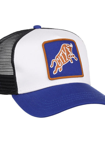 The Ebbets Field Durham Bulls MiLB Trucker Ballcap has a white front panel, blue bill, black mesh back, and a blue patch with brown trim featuring a stylized bull and 