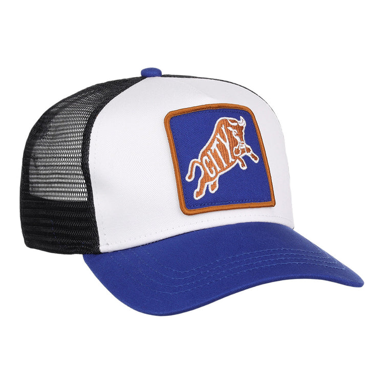 The Ebbets Field Durham Bulls MiLB Trucker Ballcap has a white front panel, blue bill, black mesh back, and a blue patch with brown trim featuring a stylized bull and 