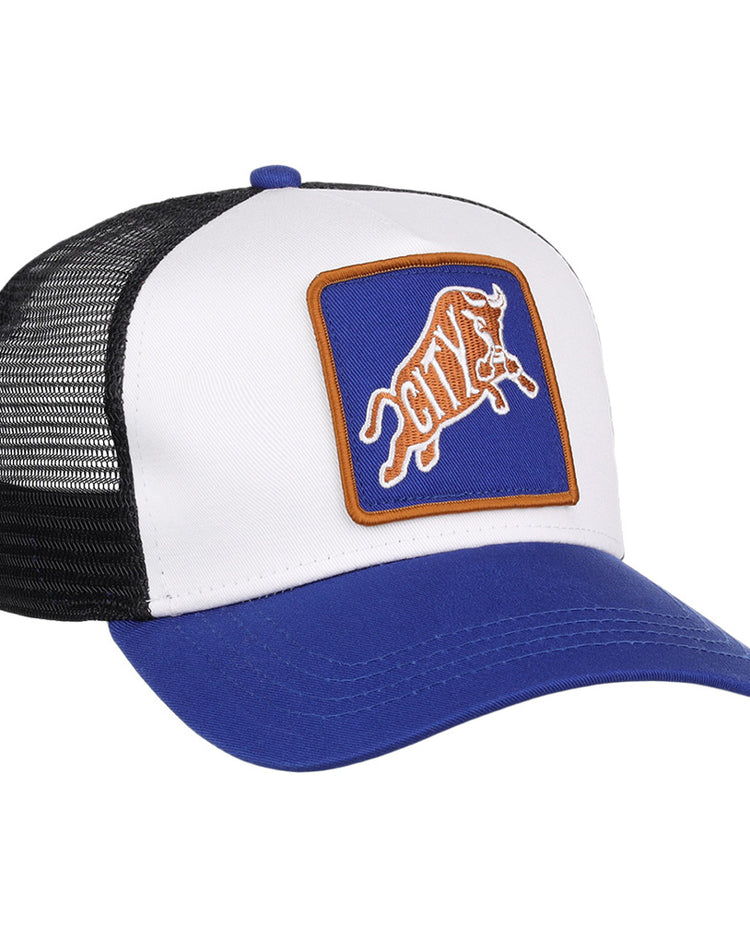 The Ebbets Field Durham Bulls MiLB Trucker Ballcap has a white front panel, blue bill, black mesh back, and a blue patch with brown trim featuring a stylized bull and 