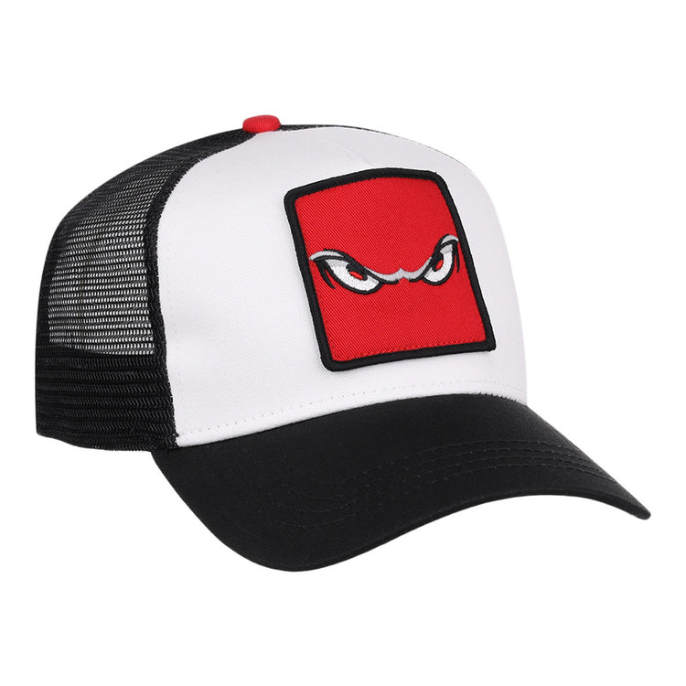 The Ebbets Field Lake Elsinore Storm MiLB Trucker Ballcap features a white front, black mesh back, and black curved brim with a red square patch displaying stylized, angry eyes embroidered on the front.