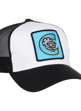 The Ebbets Field Charlotte Knights MiLB Trucker Ballcap is black and white with a curved bill, mesh back, and features a blue patch on the front showing a stylized fish logo inside the letter C.