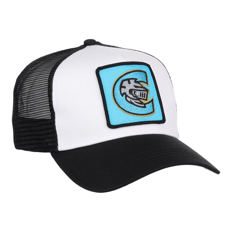 The Ebbets Field Charlotte Knights MiLB Trucker Ballcap is black and white with a curved bill, mesh back, and features a blue patch on the front showing a stylized fish logo inside the letter C.