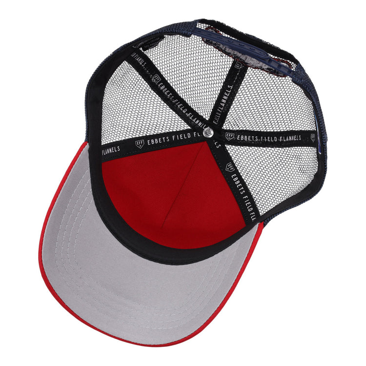 Inside view of the Lehigh Valley Ironpigs MiLB Trucker Ballcap by Ebbets Field, featuring a gray brim, red underside, and black mesh panels with Ebbets Field branding on the inner band.