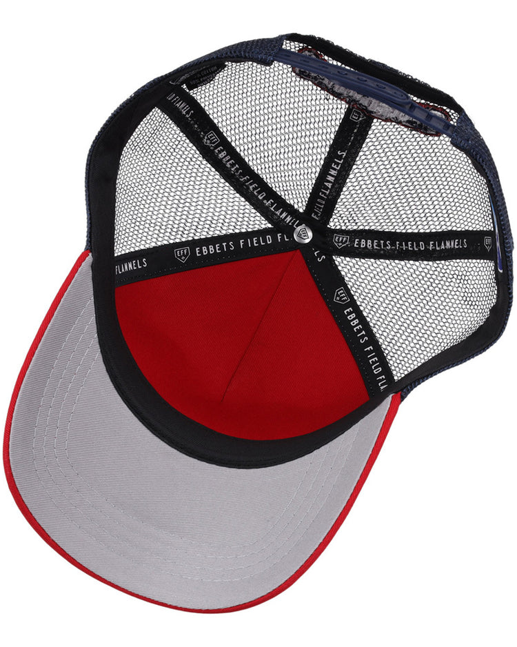 Inside view of the Lehigh Valley Ironpigs MiLB Trucker Ballcap by Ebbets Field, featuring a gray brim, red underside, and black mesh panels with Ebbets Field branding on the inner band.