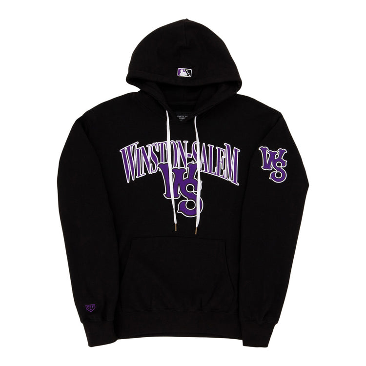 The Ebbets Field Winston-Salem Dash MiLB Cotton Hooded Sweatshirt is black, with 