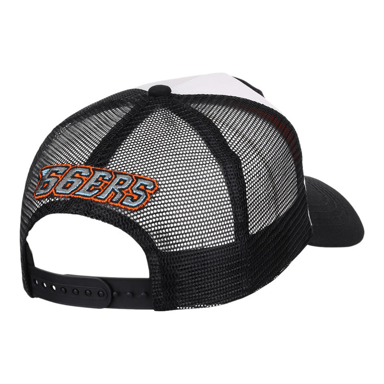 The Ebbets Field Inland Empire 66ERS MiLB Trucker Ballcap features a white front panel, black mesh back with snapback closure, curved brim, and 