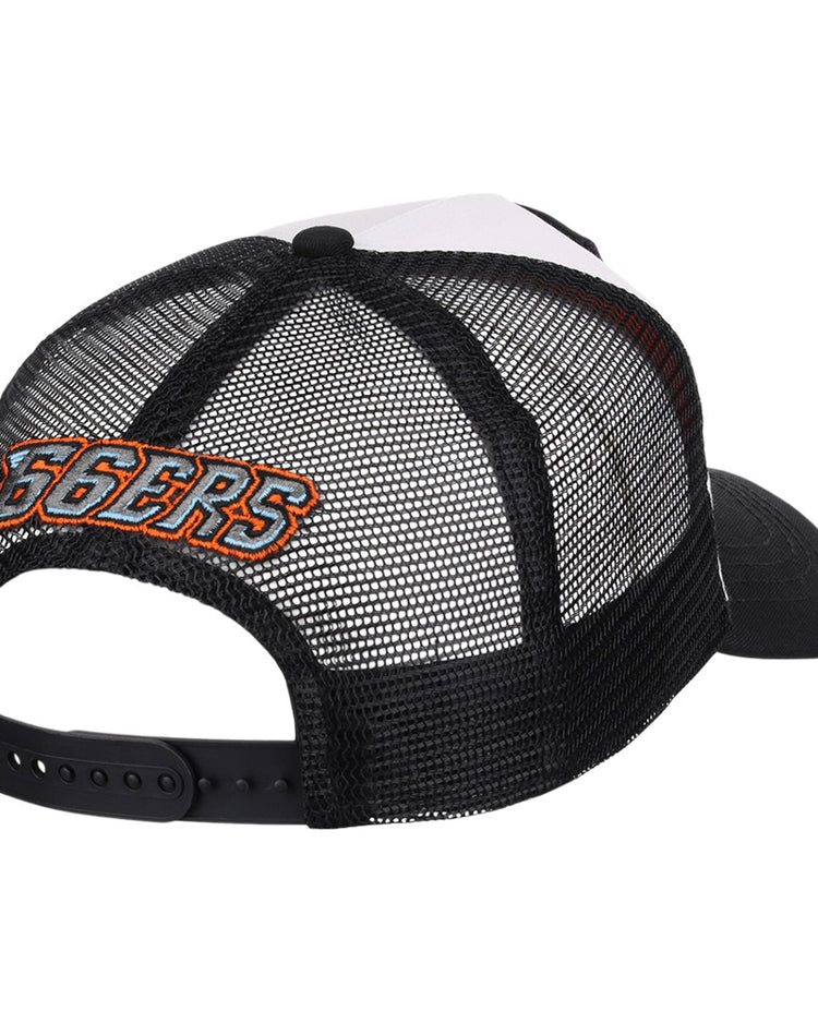The Ebbets Field Inland Empire 66ERS MiLB Trucker Ballcap features a white front panel, black mesh back with snapback closure, curved brim, and 
