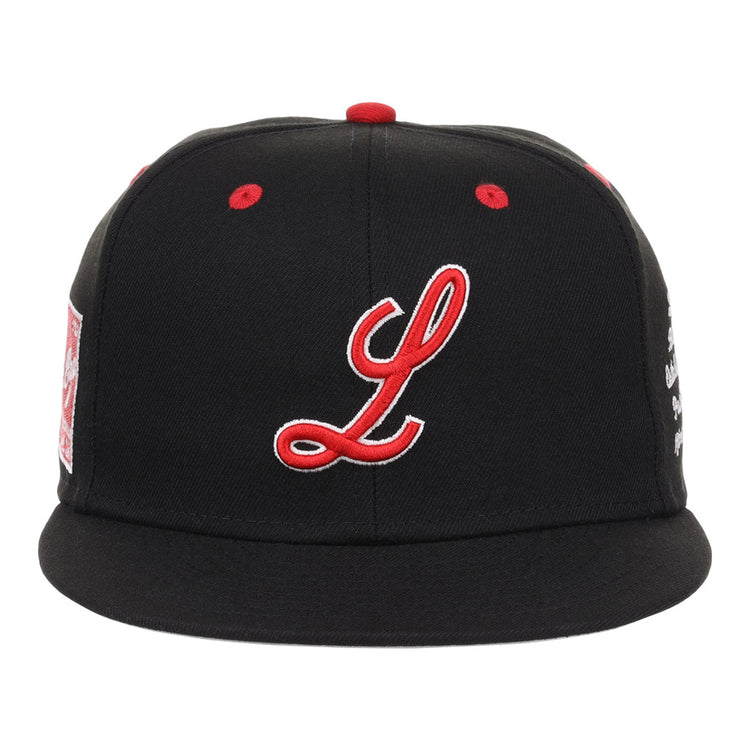 The Ebbets Field Louisville Black Caps NLB Varsity Fitted Ballcap features a black design with a red and white embroidered 