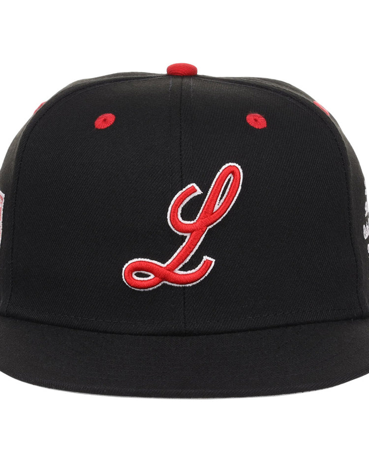 The Ebbets Field Louisville Black Caps NLB Varsity Fitted Ballcap features a black design with a red and white embroidered 