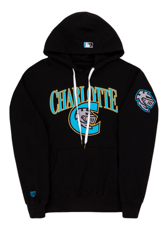 The Ebbets Field Charlotte Knights MiLB Cotton Hooded Sweatshirt is a black hoodie with white drawstrings, 
