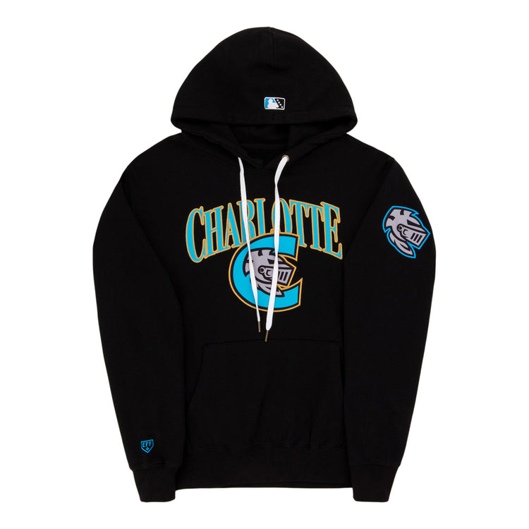 The Ebbets Field Charlotte Knights MiLB Cotton Hooded Sweatshirt is a black hoodie with white drawstrings, 