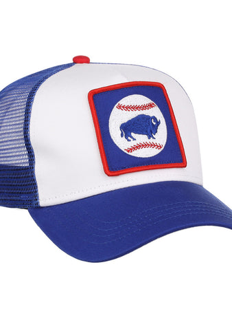 The Ebbets Field Buffalo Bisons MiLB Trucker Ballcap features a blue and white design with mesh back, plus a front patch showing a blue buffalo inside a red-bordered square, over two red baseball stitches on a white circle.
