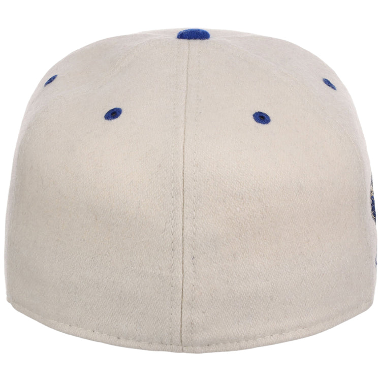The Ebbets Field St. Louis Stars NLB Ballpark Fitted Ballcap is beige, shown from the back with blue stitched eyelets and a matching blue top button.