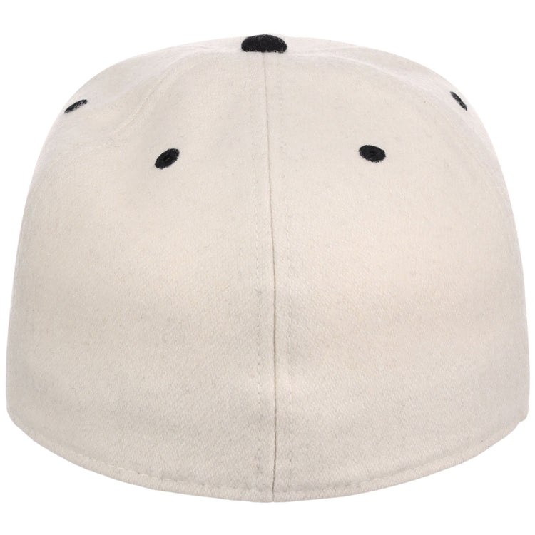 The New York Black Yankees NLB Ballpark Fitted Ballcap by Ebbets Field is beige, shown from the back, and features six black embroidered eyelets plus a black button on top.