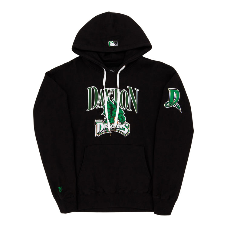 The Ebbets Field Dayton Dragons MiLB Cotton Hooded Sweatshirt features green and white Dayton Dragons text, a green dragon graphic on the front, a D logo on the left sleeve, and white drawstrings on the hood.